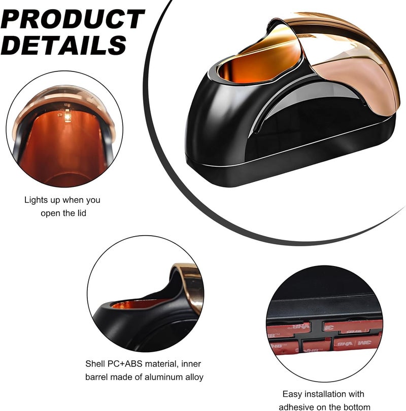 Wevdn Car Ashtray with Lid, Portable Smokeless Automotive Ashtray with LED Light, Windproof, Modern Style, Black & Golden - Image 3